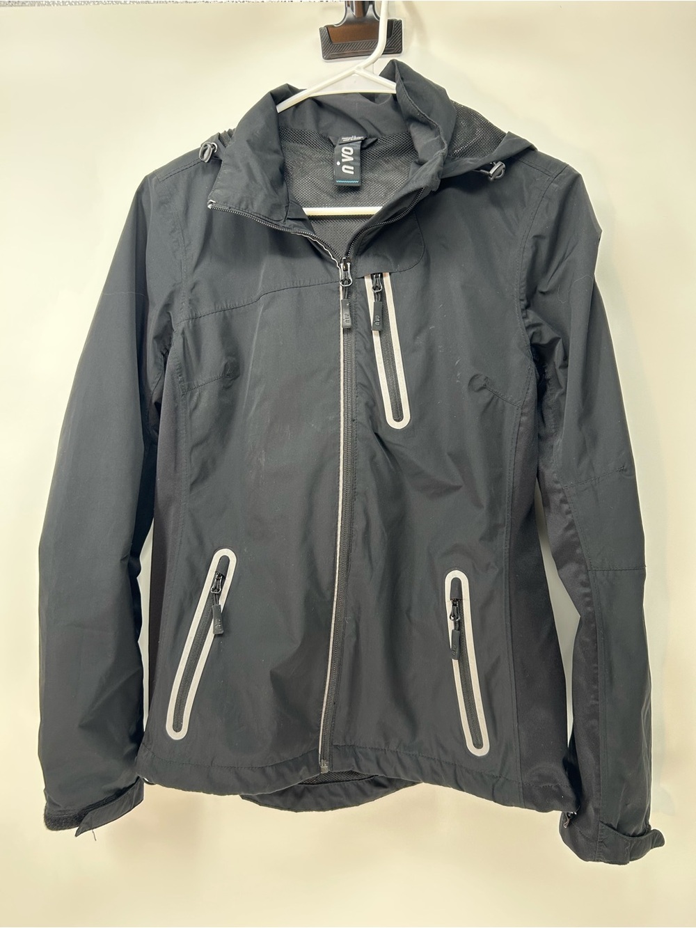 Women's Black Hooded Rain Jacket with Reflective Trim